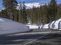 a long straight road in the woods next to a snowy hill, in front of trees, with a snowbank