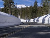 a long straight road in the woods next to a snowy hill, in front of trees, with a snowbank