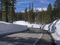 a long straight road in the woods next to a snowy hill, in front of trees, with a snowbank
