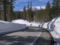 a long straight road in the woods next to a snowy hill, in front of trees, with a snowbank