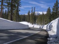 a long straight road in the woods next to a snowy hill, in front of trees, with a snowbank
