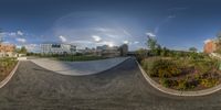 360 - angle photo of the university campus courtyard as seen from a skateboarder's driveway