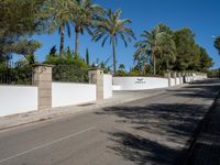 a street in a palm city area next to palm trees and a white wall with black fencing