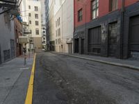 an empty street that has a parking meter on it near some buildings in front of the building