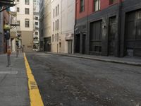 an empty street that has a parking meter on it near some buildings in front of the building