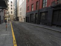 an empty street that has a parking meter on it near some buildings in front of the building