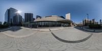 the view from a fisheye lens of the city on the streets of downtown vancouver