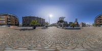 this is an amazing fisheye shot of the streets in this city, it shows the way to the sun