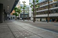 an empty street in a large city area near tall buildings with windows on each side