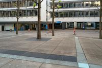 there are many trees on the sidewalk in the plaza outside the building with two buildings