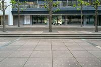 a street with many steps on the sidewalk and some trees on either side of the sidewalk