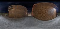 the 360 - view image shows three spherical angles of two buildings that look like they were made of bricks