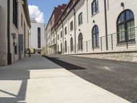 two buildings near a street that is empty and no people are walking on it or there