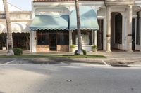 a small street lined with storefronts and palm trees in a corner area with blue, white, and tan awning