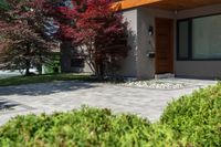 a house with a beautiful red tree outside and some green bushes around it that is in front of the house