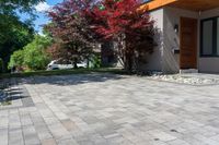 brick driveway in front of a modern home with a door and brick patio area that has colorful trees and shrubs on the other side