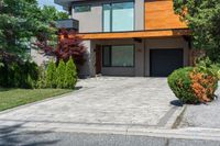 a modern style home with wood and glass windows on one of the sides of its driveway