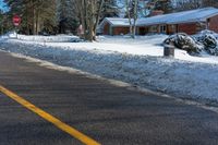 a street sign is in front of a snowed area with a road below it