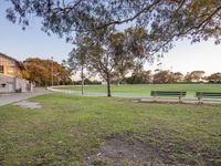 an empty park with benches next to some trees and bushes in the middle of a grassy area