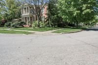 residential street with houses on one corner and trees to the other side of a road