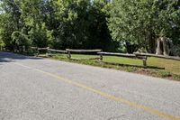 a road with a split rail fence, green grass and trees along one side, and two brown logs on the other