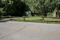 a road with a split rail fence, green grass and trees along one side, and two brown logs on the other
