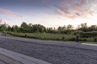 paved road leading to a wooded area at dusk with traffic cones on the side of the road