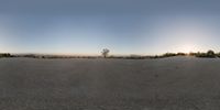 an empty street with a parking space in the center, with trees in the background and the sun shining through the sky