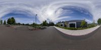 this is a panorama from a small skateboard park on the street below the buildings