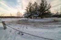 the fire hydrant is covered in snow by a fence of trees and bushes next to the road