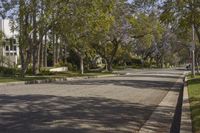 a view of the street in a suburban town with many trees lining the sidewalk and buildings