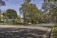 a view of the street in a suburban town with many trees lining the sidewalk and buildings