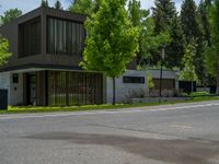 an empty street lined with trees and a mountain range in the distance in the back