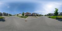 a wide angle fisheye view of the suburbs in the city of niagara on a sunny day