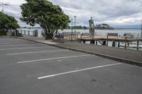 a person standing on a bench next to the water and pier near trees and a fence