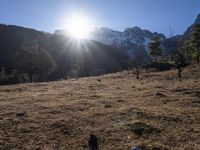 the sun shining over the mountains behind the field and trees in the foreground of the scene