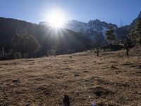 the sun shining over the mountains behind the field and trees in the foreground of the scene