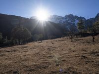 the sun shining over the mountains behind the field and trees in the foreground of the scene