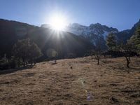 the sun shining over the mountains behind the field and trees in the foreground of the scene