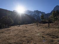 the sun shining over the mountains behind the field and trees in the foreground of the scene