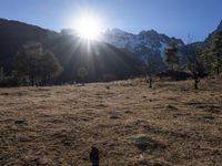 the sun shining over the mountains behind the field and trees in the foreground of the scene