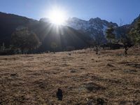 the sun shining over the mountains behind the field and trees in the foreground of the scene