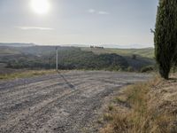 an empty road in front of a hill and a road pole on one side of the picture