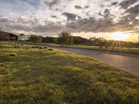 a picture of the sun shining down on some grass and houses by the road on the other side