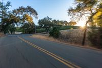 a motorcycle driving on a country road in the daytime sun with trees to the side of it