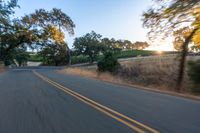 a motorcycle driving on a country road in the daytime sun with trees to the side of it