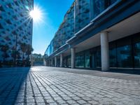 the sun is shining over a modern building near a street with trees and concrete slabs