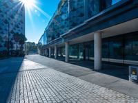 the sun is shining over a modern building near a street with trees and concrete slabs