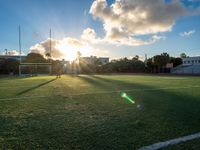 a football field with sunlight going down on it and many grass on the field that are very green