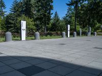 a public park with lots of concrete poles and trees in the background, with a paved area to the right